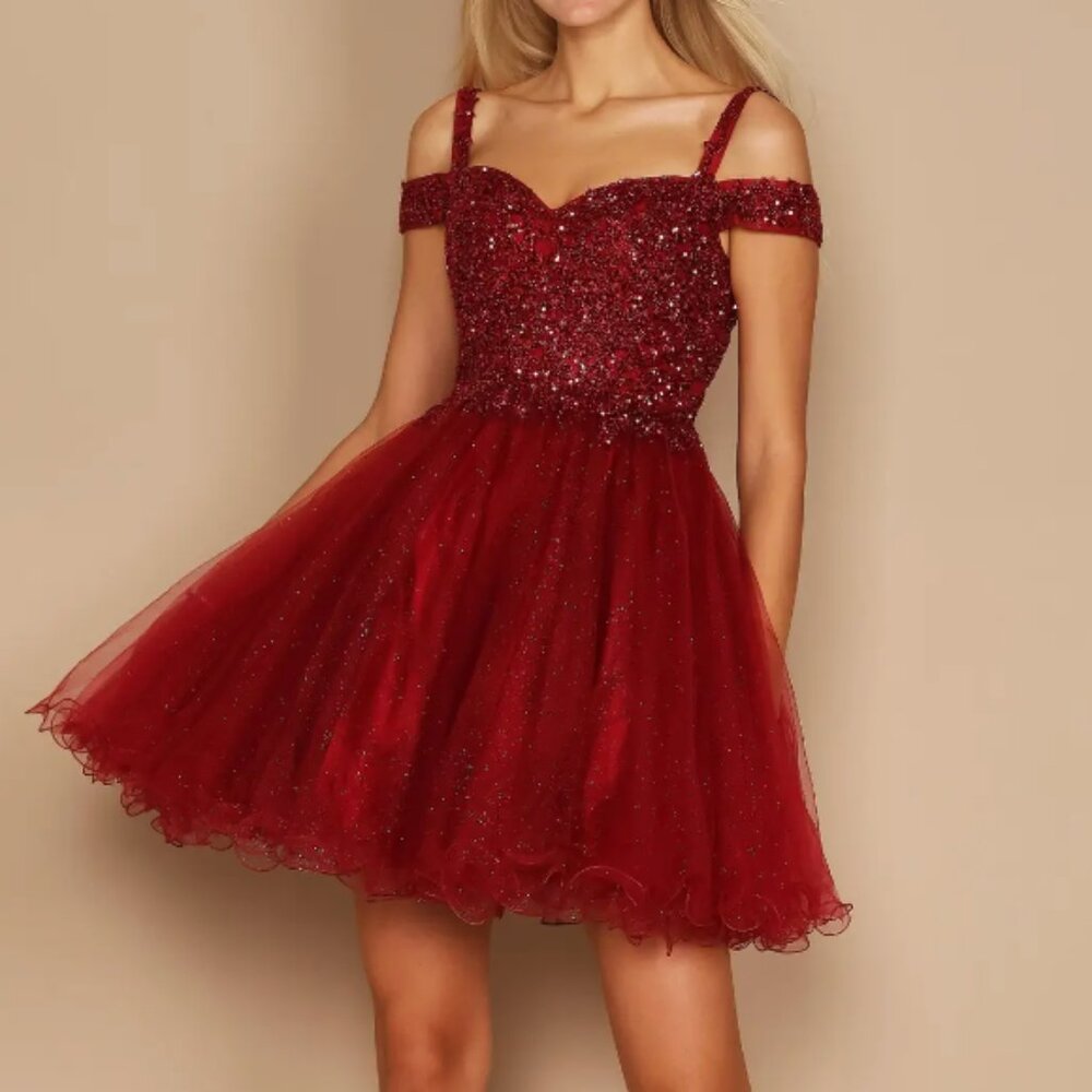 Women's Red Sequins Glitter Off Shoulder Formal Gown Short Dress NEW